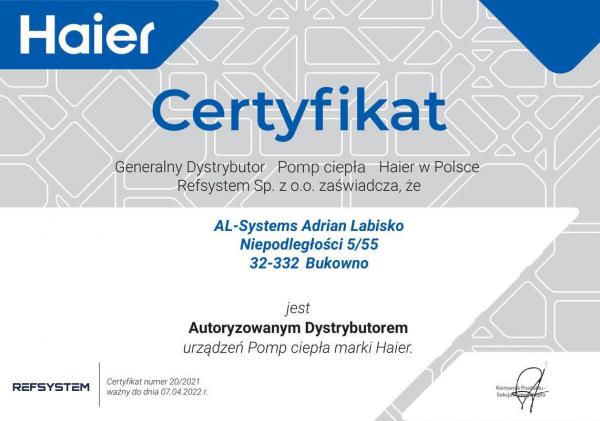 certyfikat pompy ciepła Haier