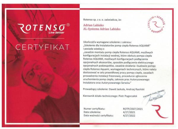 certyfikat Rotenso szkolenie pompy cieplnej